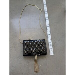 Big Buddha Black Patent Quilted Crossbody Bag Gold Chain Tassel Evening Purse